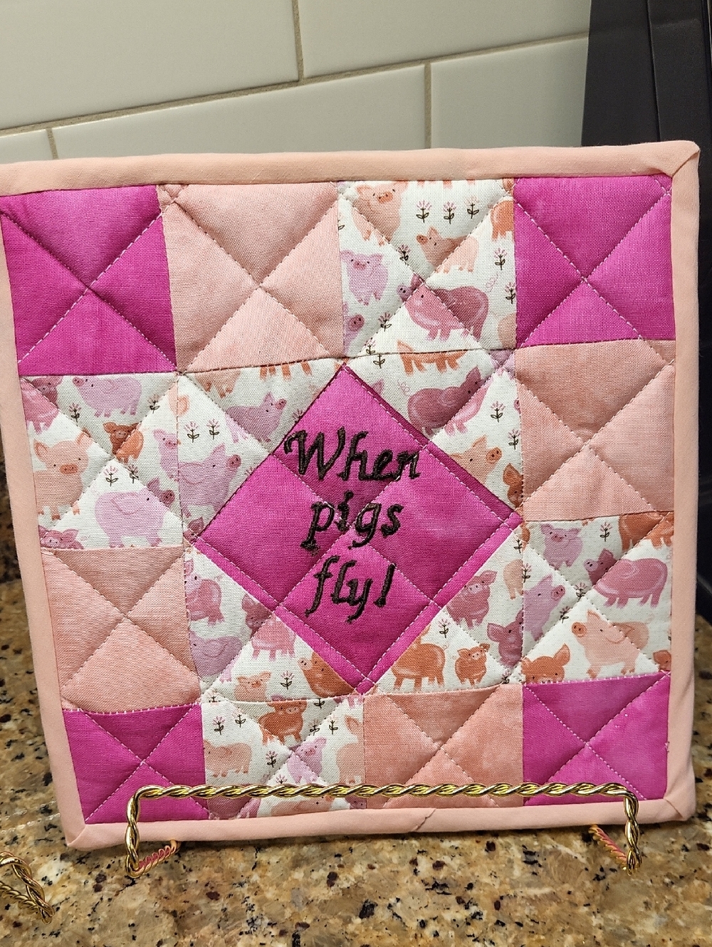 When Pigs Fly Pink Patchwork Potholders - set of 2